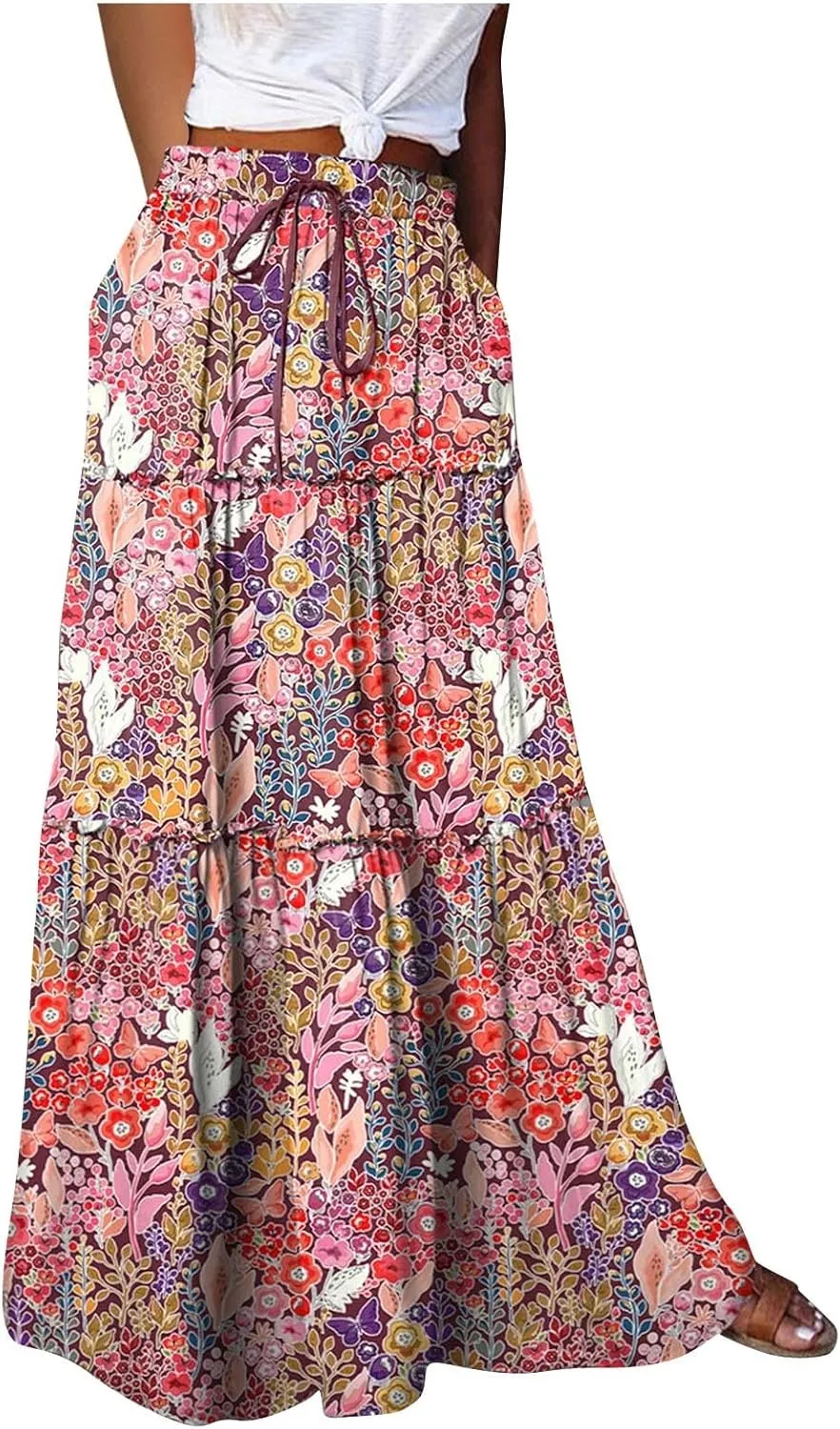 Boho Skirt for Women Elastic High Waist Pleated A-Line Flowy Swing Tiered Maxi Long Skirt Dress with Pockets
