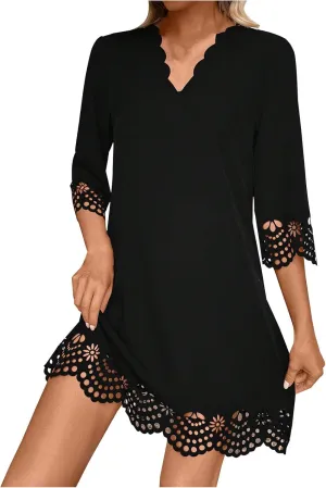 Borniu Women's 3/4 Sleeve Mini Dress 2025 Summer Beach Scallop Neck Hollow Out Eyelet Ruffle A Line Swing Short Dresses