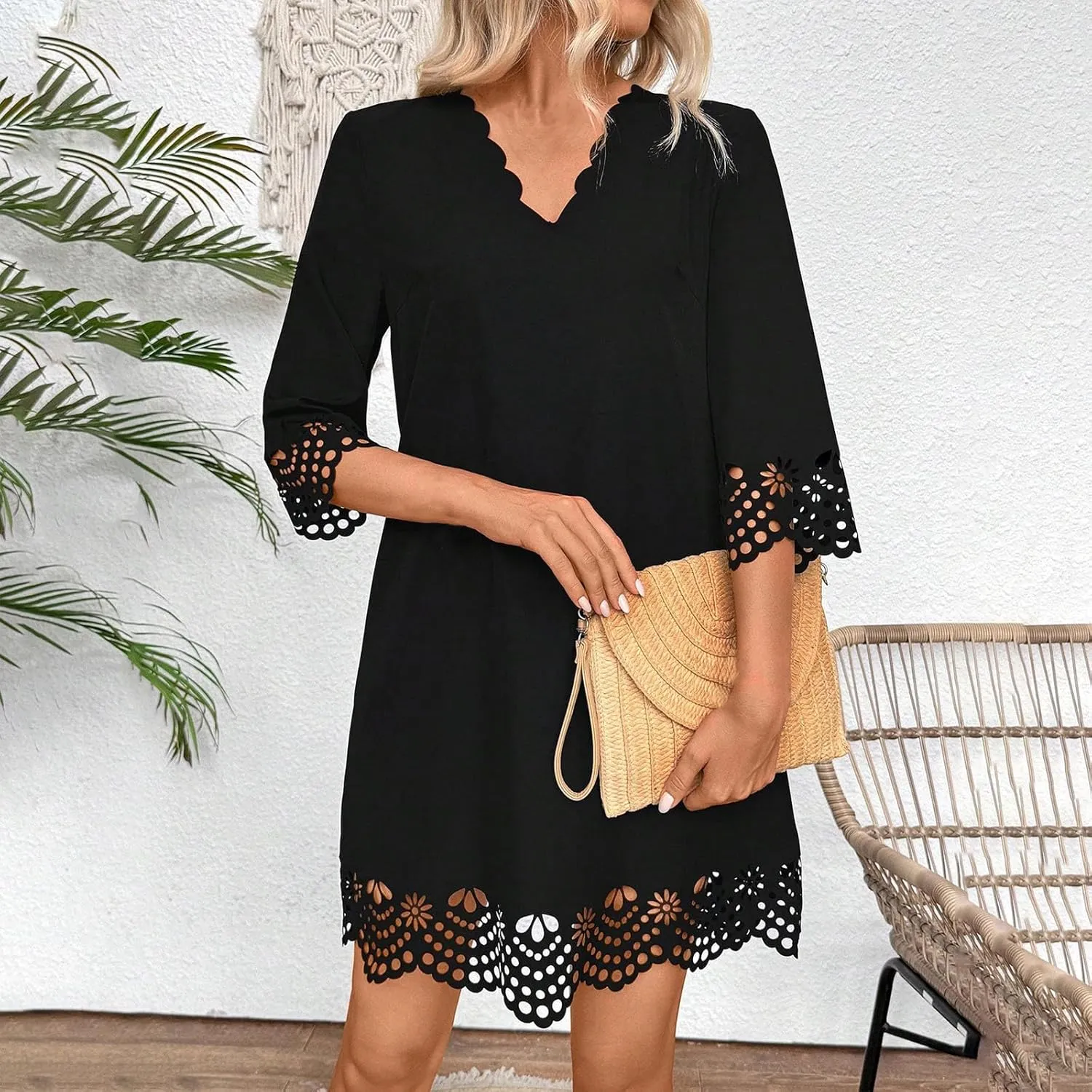 Borniu Women's 3/4 Sleeve Mini Dress 2025 Summer Beach Scallop Neck Hollow Out Eyelet Ruffle A Line Swing Short Dresses