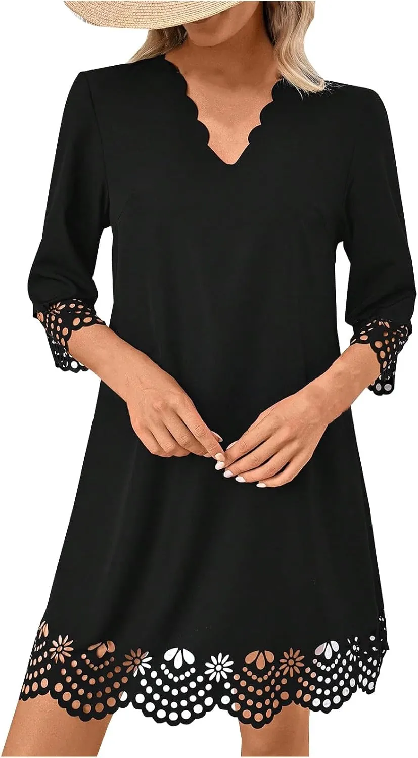 Borniu Women's 3/4 Sleeve Mini Dress 2025 Summer Beach Scallop Neck Hollow Out Eyelet Ruffle A Line Swing Short Dresses