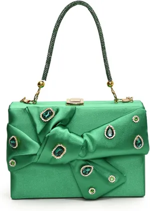 Bow Purse for Women Dressy Luxury Rhinestone Party Bag Satin Box Clutch Small Metallic Bow Purse Bling Wedding Handbag
