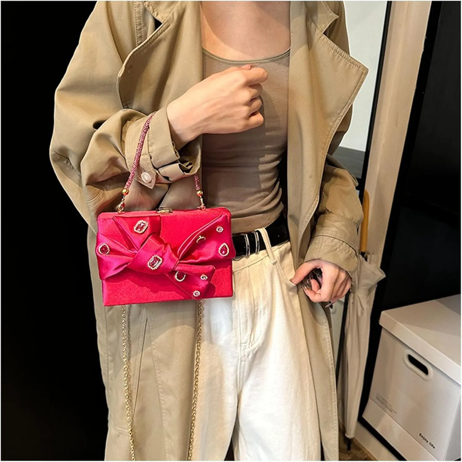 Bow Purse for Women Dressy Luxury Rhinestone Party Bag Satin Box Clutch Small Metallic Bow Purse Bling Wedding Handbag
