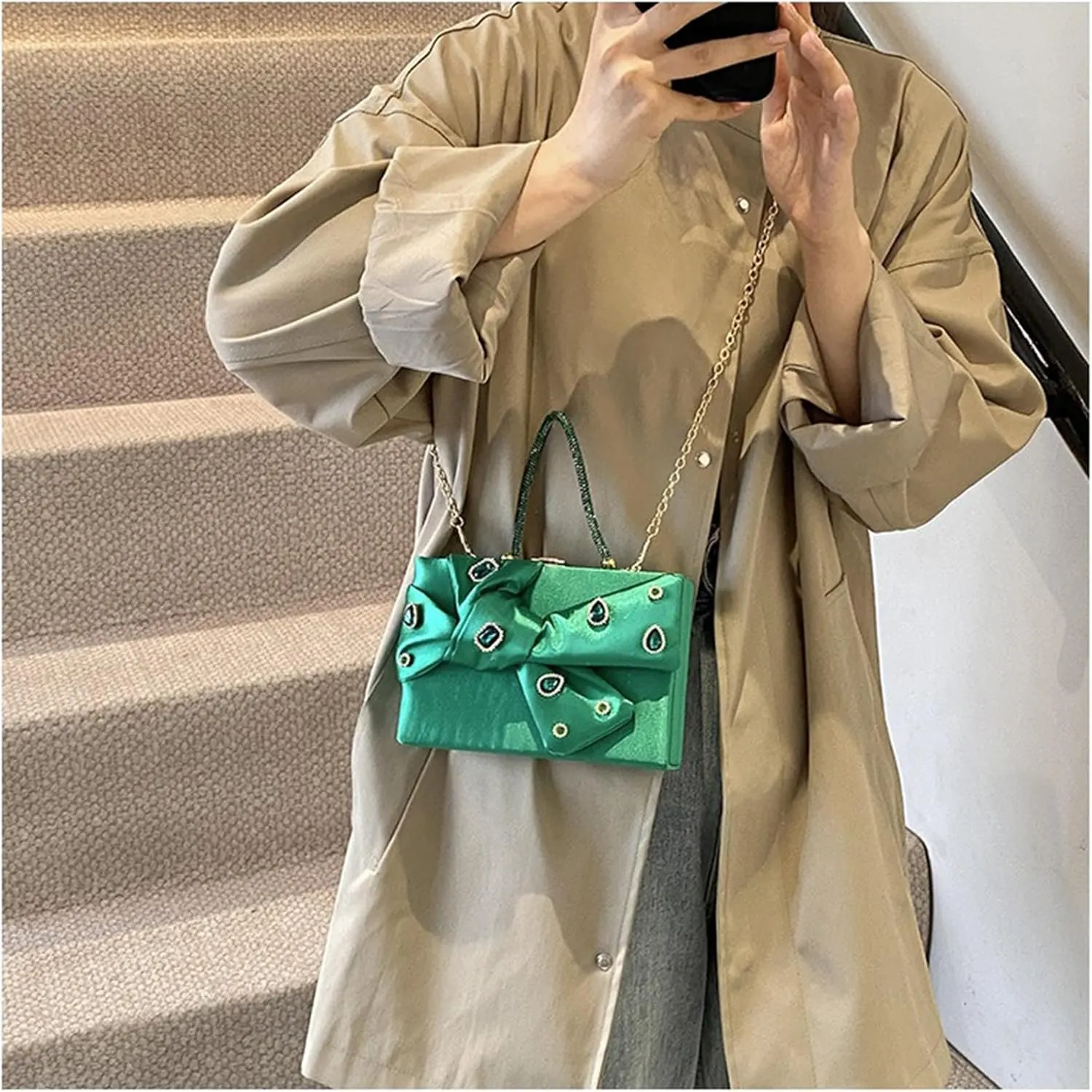 Bow Purse for Women Dressy Luxury Rhinestone Party Bag Satin Box Clutch Small Metallic Bow Purse Bling Wedding Handbag