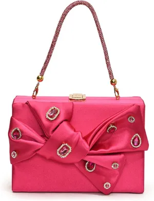 Bow Purse for Women Dressy Luxury Rhinestone Party Bag Satin Box Clutch Small Metallic Bow Purse Bling Wedding Handbag