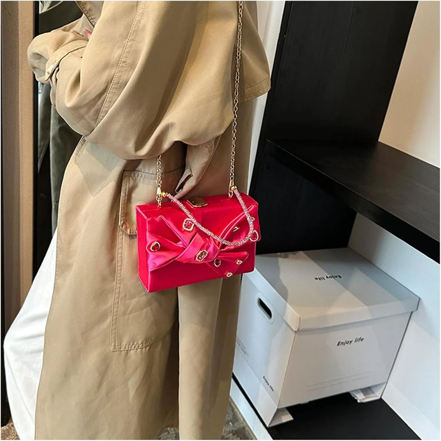 Bow Purse for Women Dressy Luxury Rhinestone Party Bag Satin Box Clutch Small Metallic Bow Purse Bling Wedding Handbag