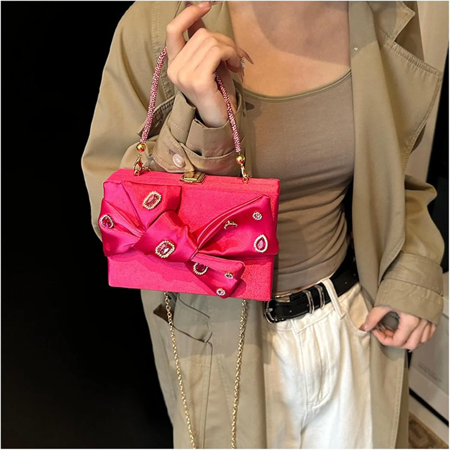 Bow Purse for Women Dressy Luxury Rhinestone Party Bag Satin Box Clutch Small Metallic Bow Purse Bling Wedding Handbag