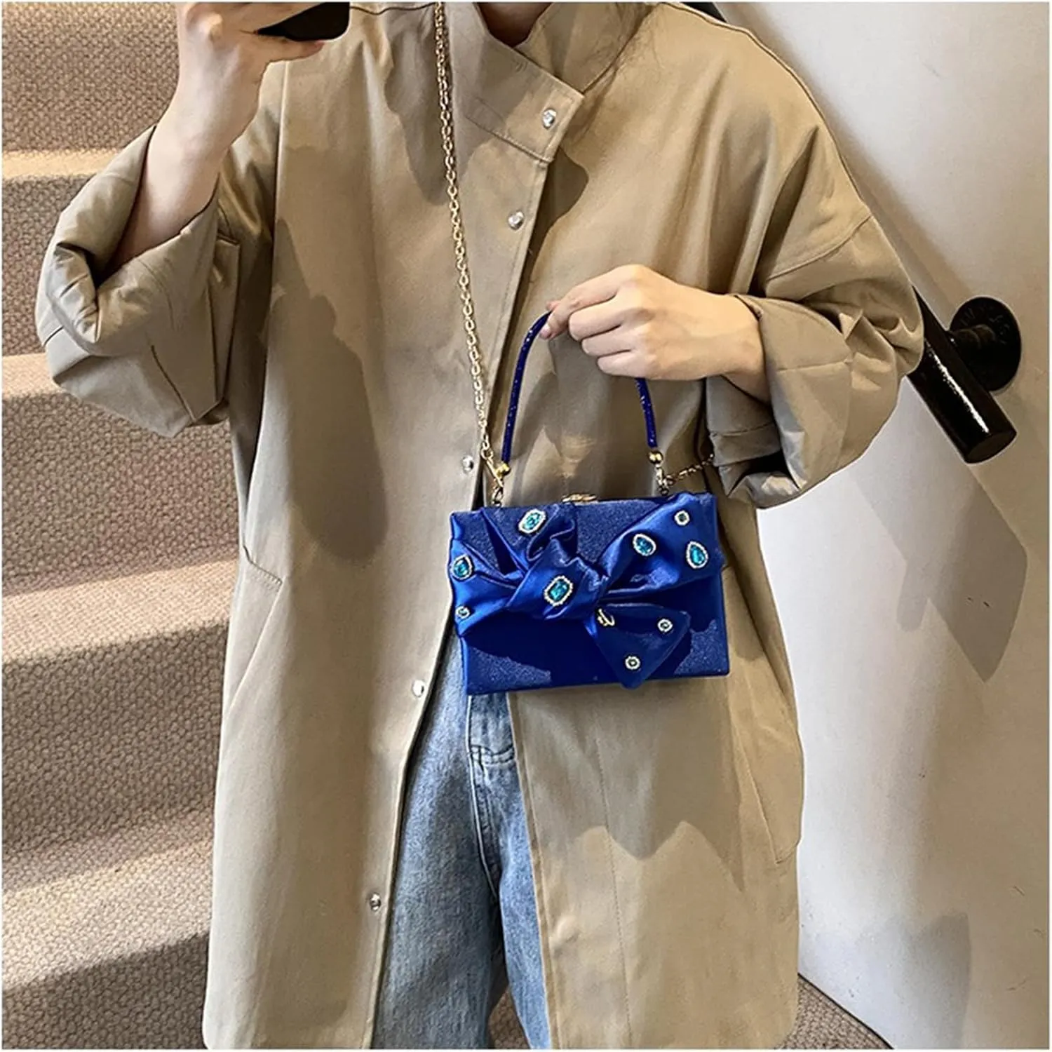 Bow Purse for Women Dressy Luxury Rhinestone Party Bag Satin Box Clutch Small Metallic Bow Purse Bling Wedding Handbag