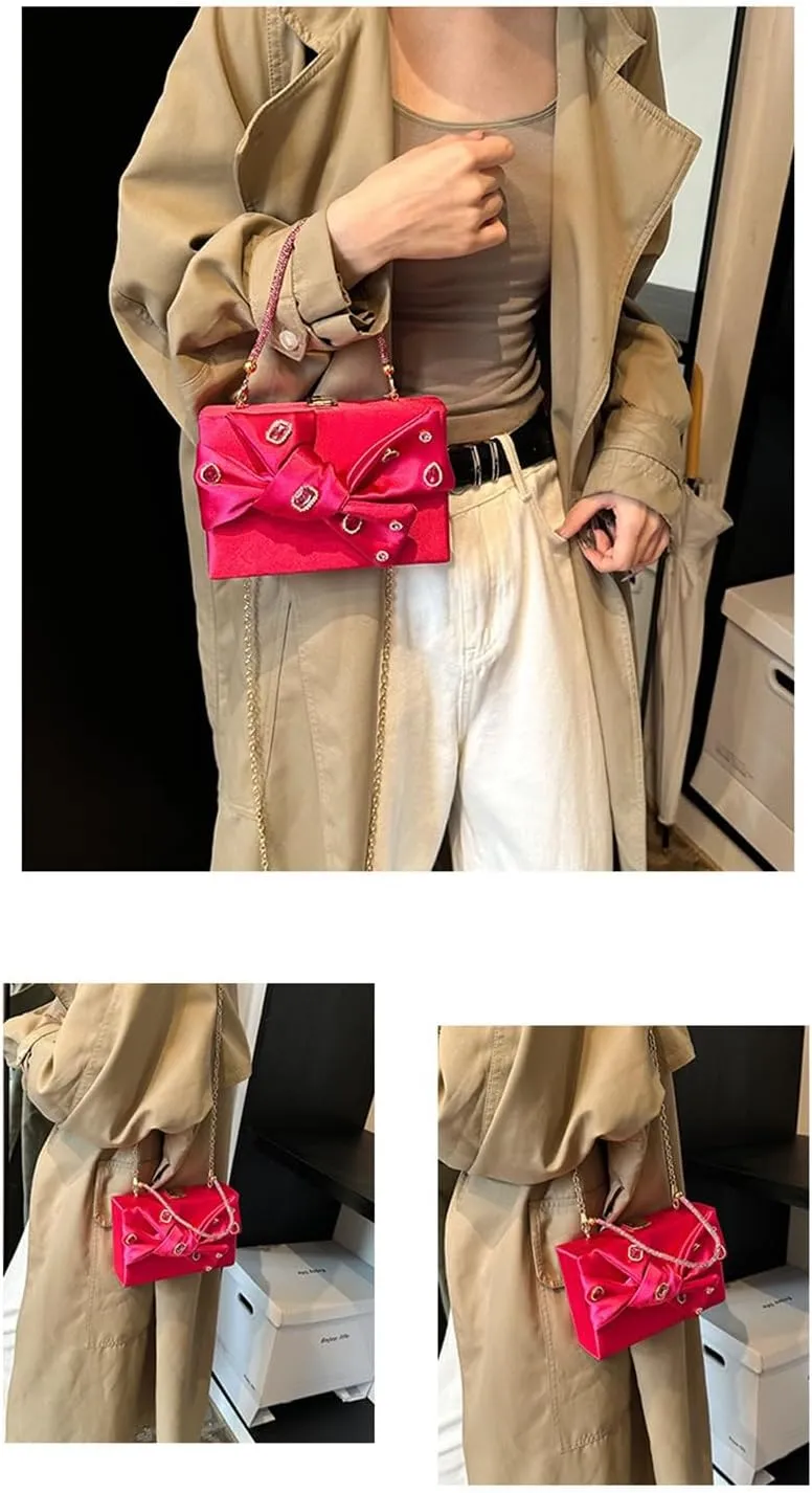 Bow Purse for Women Dressy Luxury Rhinestone Party Bag Satin Box Clutch Small Metallic Bow Purse Bling Wedding Handbag