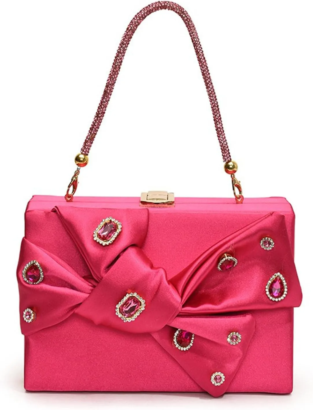 Bow Purse for Women Dressy Luxury Rhinestone Party Bag Satin Box Clutch Small Metallic Bow Purse Bling Wedding Handbag