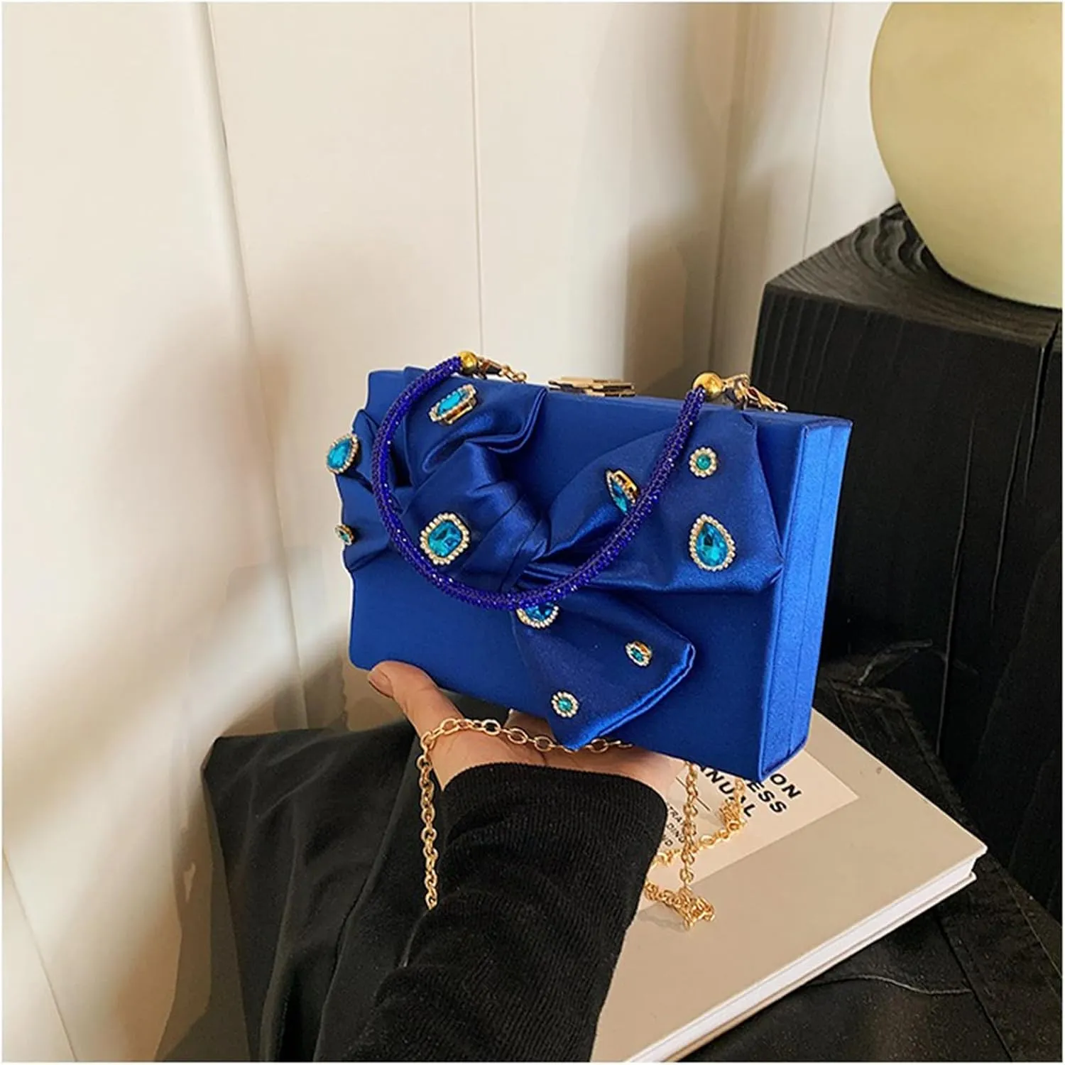 Bow Purse for Women Dressy Luxury Rhinestone Party Bag Satin Box Clutch Small Metallic Bow Purse Bling Wedding Handbag