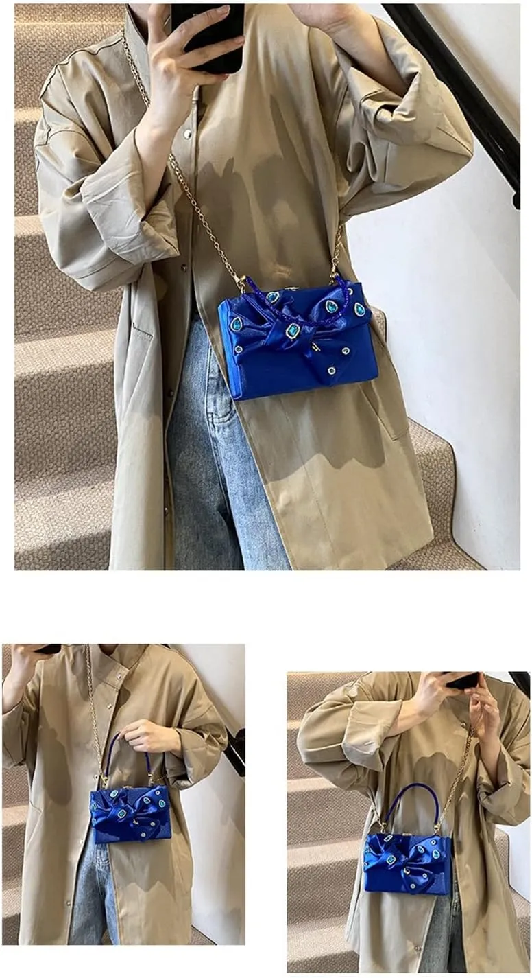 Bow Purse for Women Dressy Luxury Rhinestone Party Bag Satin Box Clutch Small Metallic Bow Purse Bling Wedding Handbag