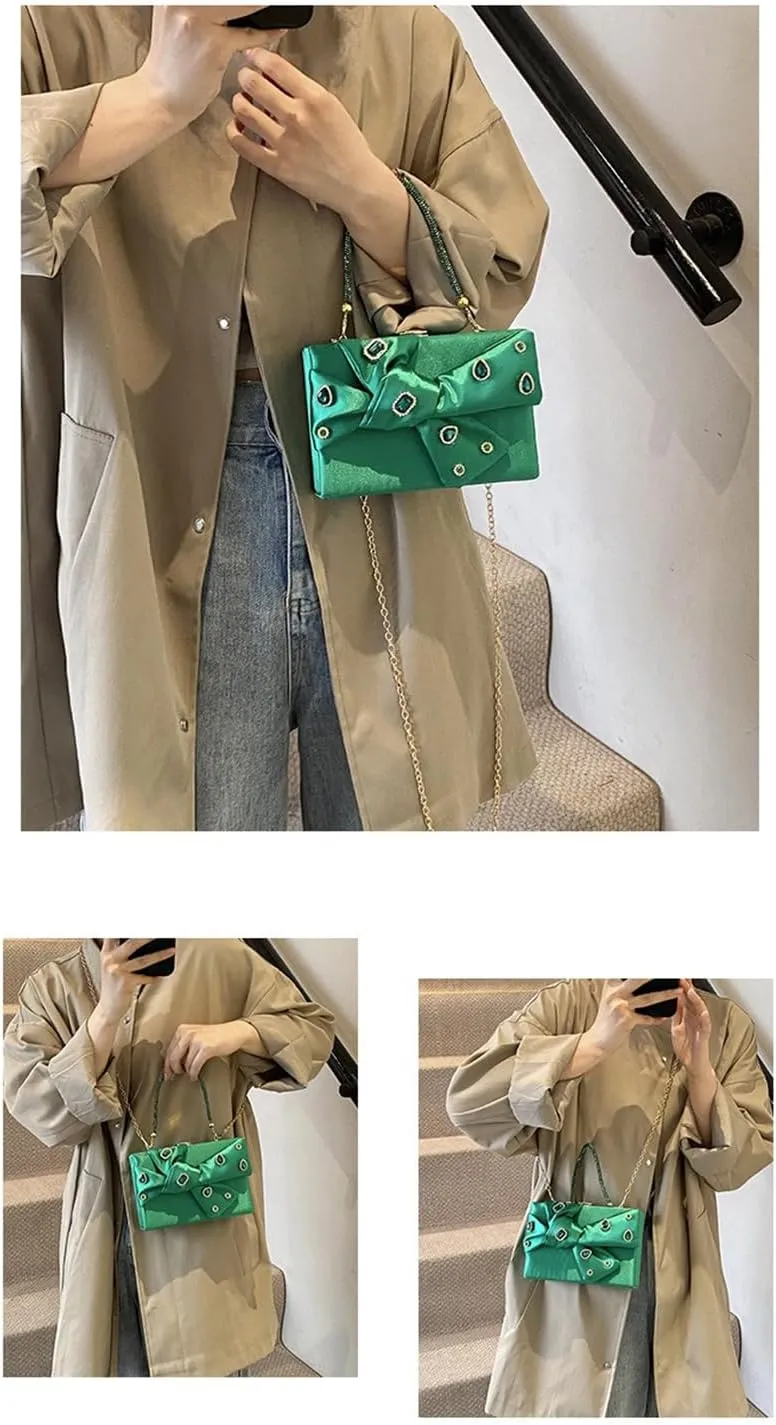 Bow Purse for Women Dressy Luxury Rhinestone Party Bag Satin Box Clutch Small Metallic Bow Purse Bling Wedding Handbag