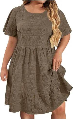 Casual Dresses for Women Plus Size Loose Short Sleeve Solid Color Dress Fashion Pleated Vacation Summer Sundress