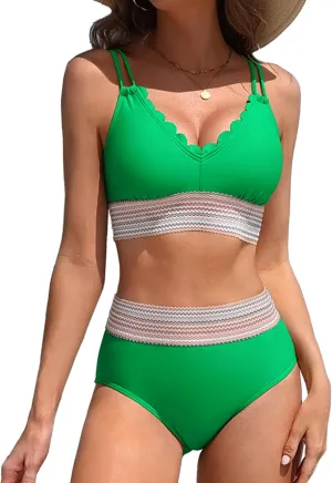 Charmo Women's Scalloped High Waisted Color Block Bikini Sets High Cut Swimsuits Sporty Two Piece Bathing Suit