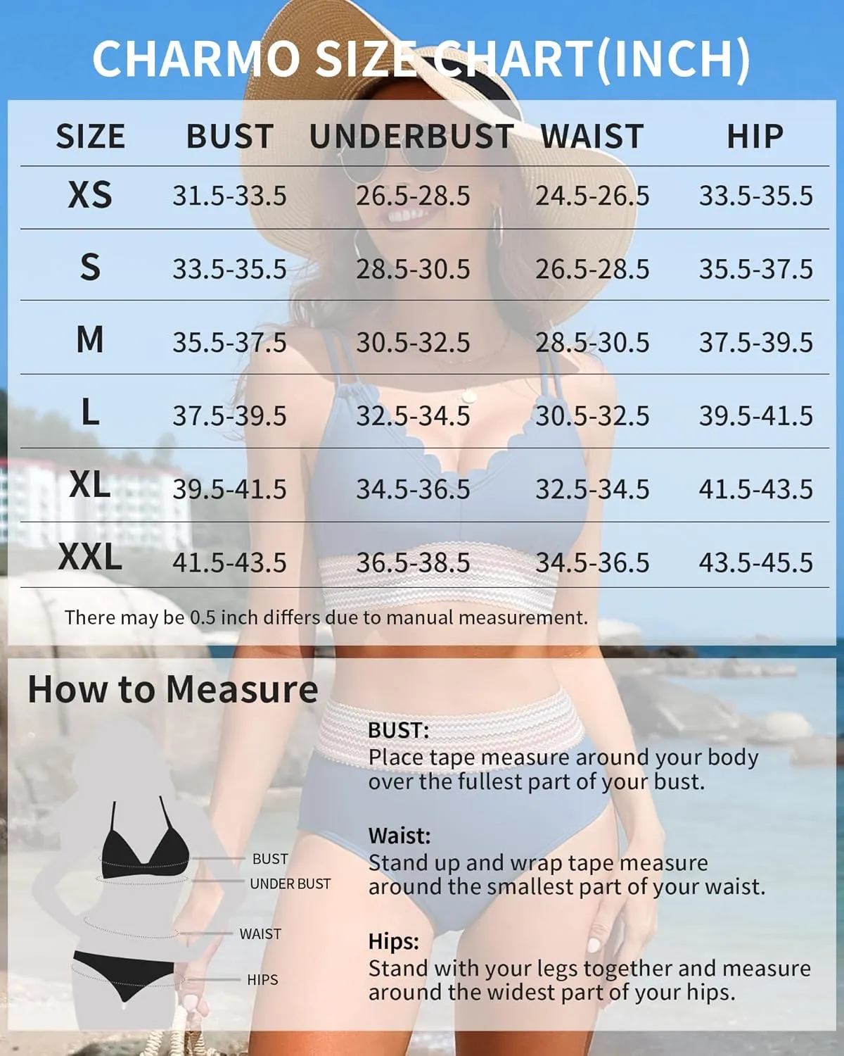 Charmo Women's Scalloped High Waisted Color Block Bikini Sets High Cut Swimsuits Sporty Two Piece Bathing Suit