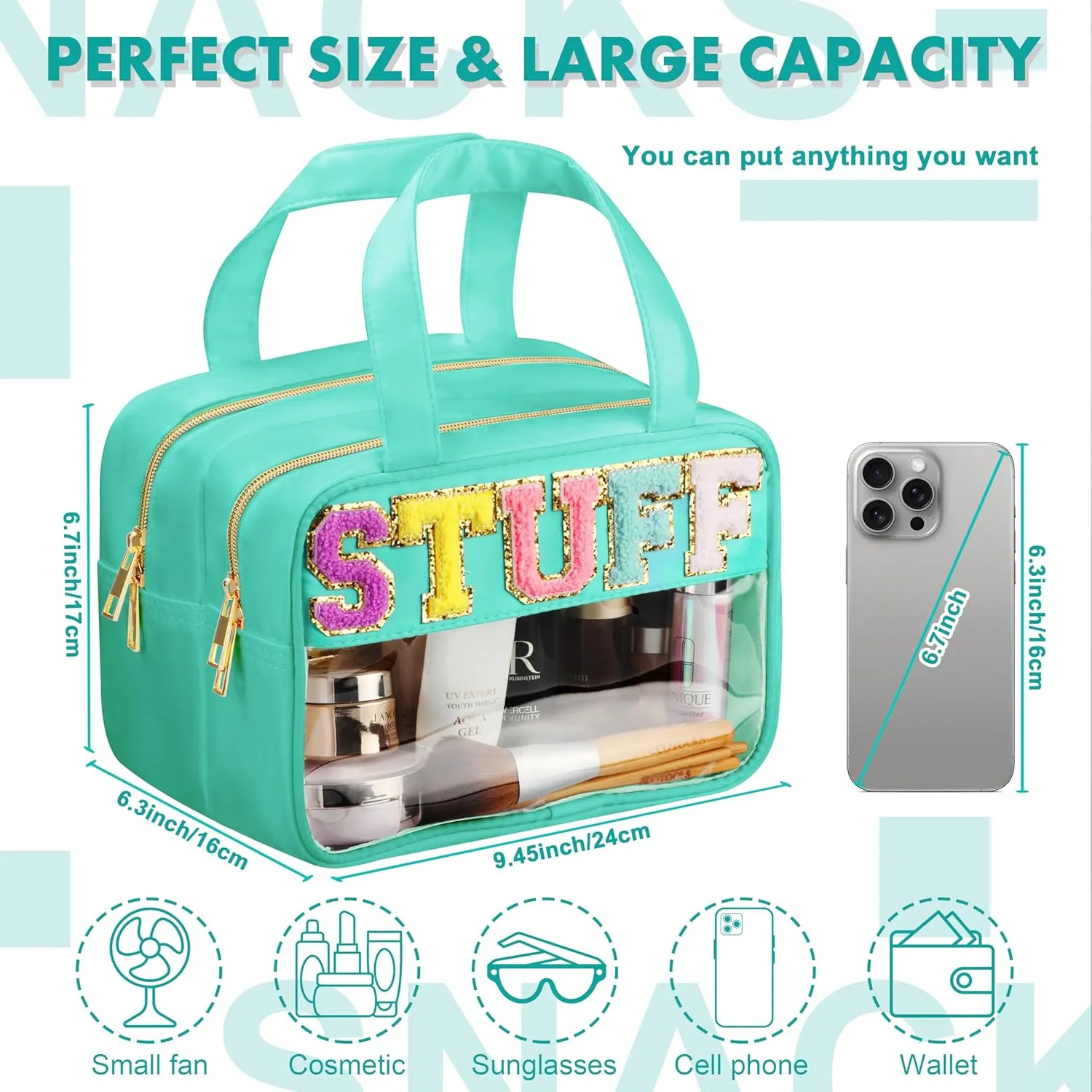 Chenille Letter Travel Makeup Bag, Preppy Patch Nylon Clear Cosmetic Tote with Handle and Zipper, Waterproof Large Snack & Stuff Bag Toiletry Storage Pouch for Women Girls (Green-Stuff)