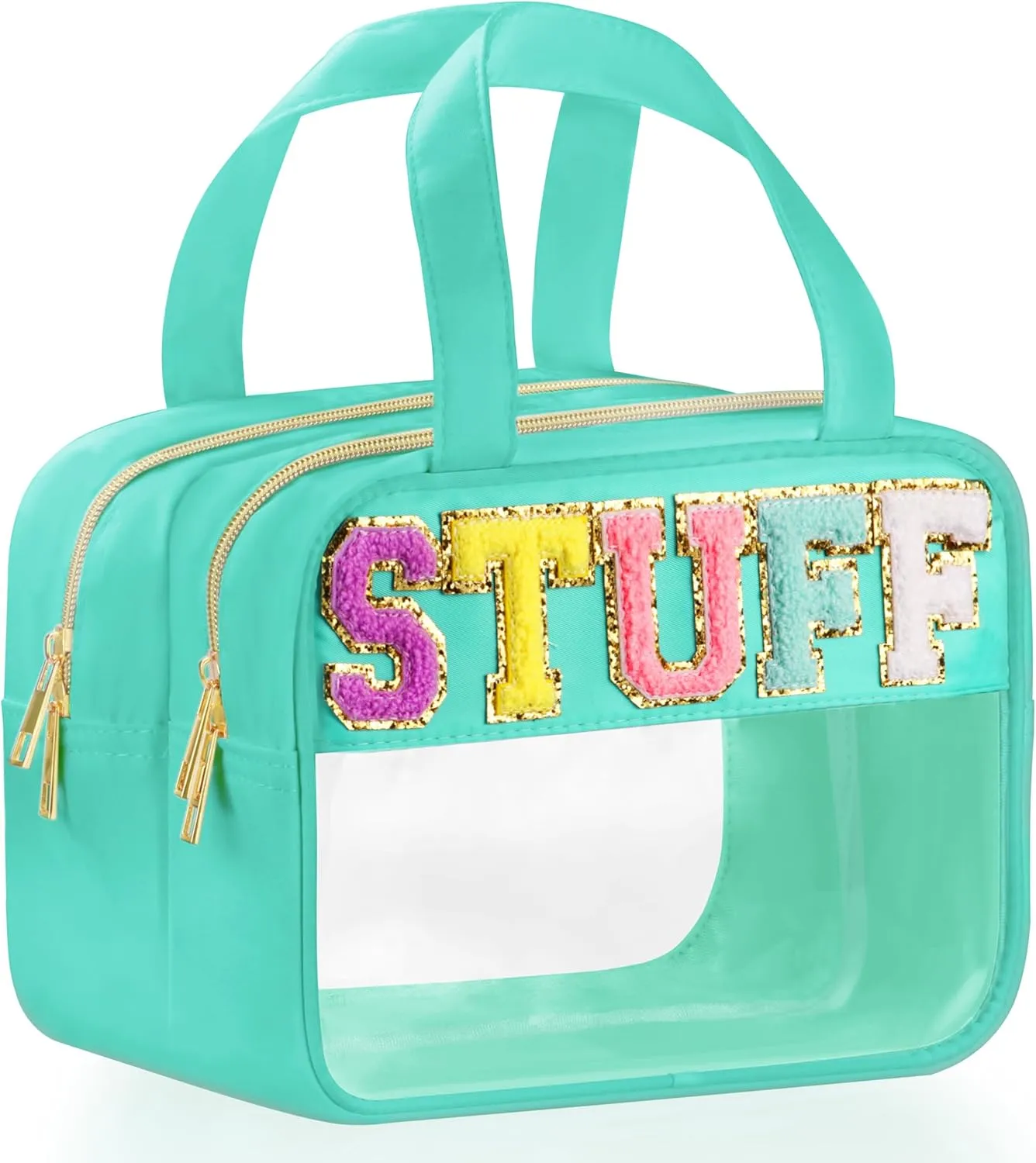 Chenille Letter Travel Makeup Bag, Preppy Patch Nylon Clear Cosmetic Tote with Handle and Zipper, Waterproof Large Snack & Stuff Bag Toiletry Storage Pouch for Women Girls (Green-Stuff)
