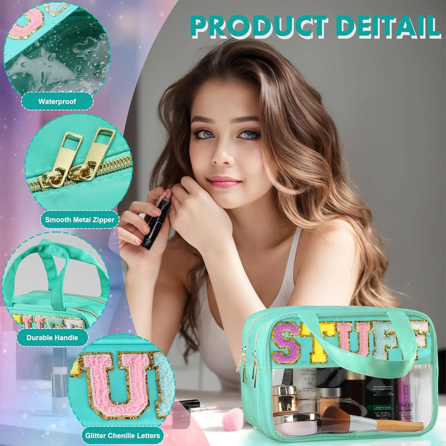 Chenille Letter Travel Makeup Bag, Preppy Patch Nylon Clear Cosmetic Tote with Handle and Zipper, Waterproof Large Snack & Stuff Bag Toiletry Storage Pouch for Women Girls (Green-Stuff)