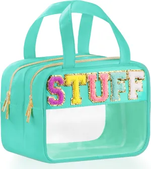 Chenille Letter Travel Makeup Bag, Preppy Patch Nylon Clear Cosmetic Tote with Handle and Zipper, Waterproof Large Snack & Stuff Bag Toiletry Storage Pouch for Women Girls (Green-Stuff)