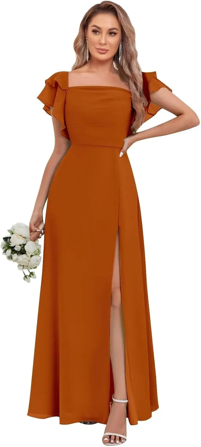 Chiffon Bridesmaid Dresses with Ruffle Sleeve Square Neck A Line Long Formal Evening Gown with Slit