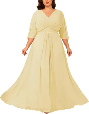 Chiffon Mother of The Bride Dresses 2025 3/4 Sleeves Formal Dress V Neck Ruched Evening Dress with Pockets