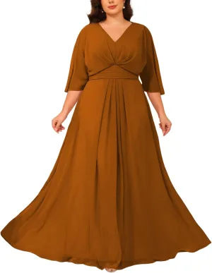 Chiffon Mother of The Bride Dresses 2025 3/4 Sleeves Formal Dress V Neck Ruched Evening Dress with Pockets