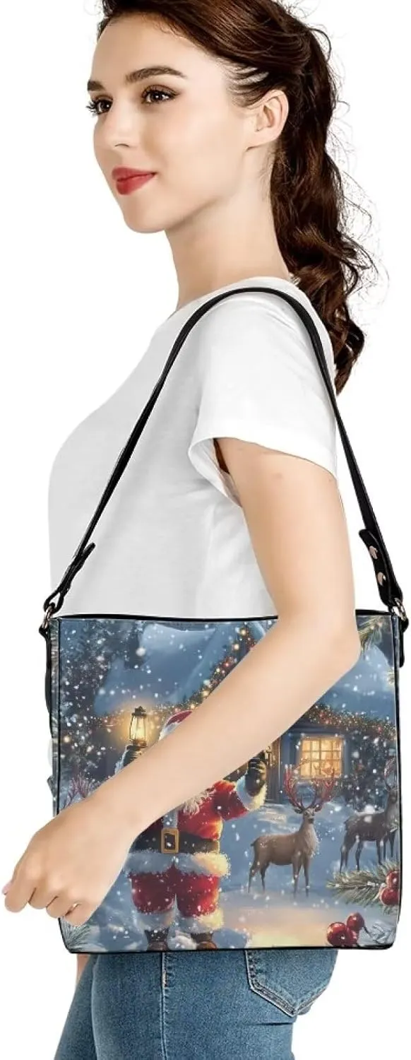 Christmas Bucket Handbag for Womens Leather Shoulder Purse with Zipper Pocket and Adjustable Strap