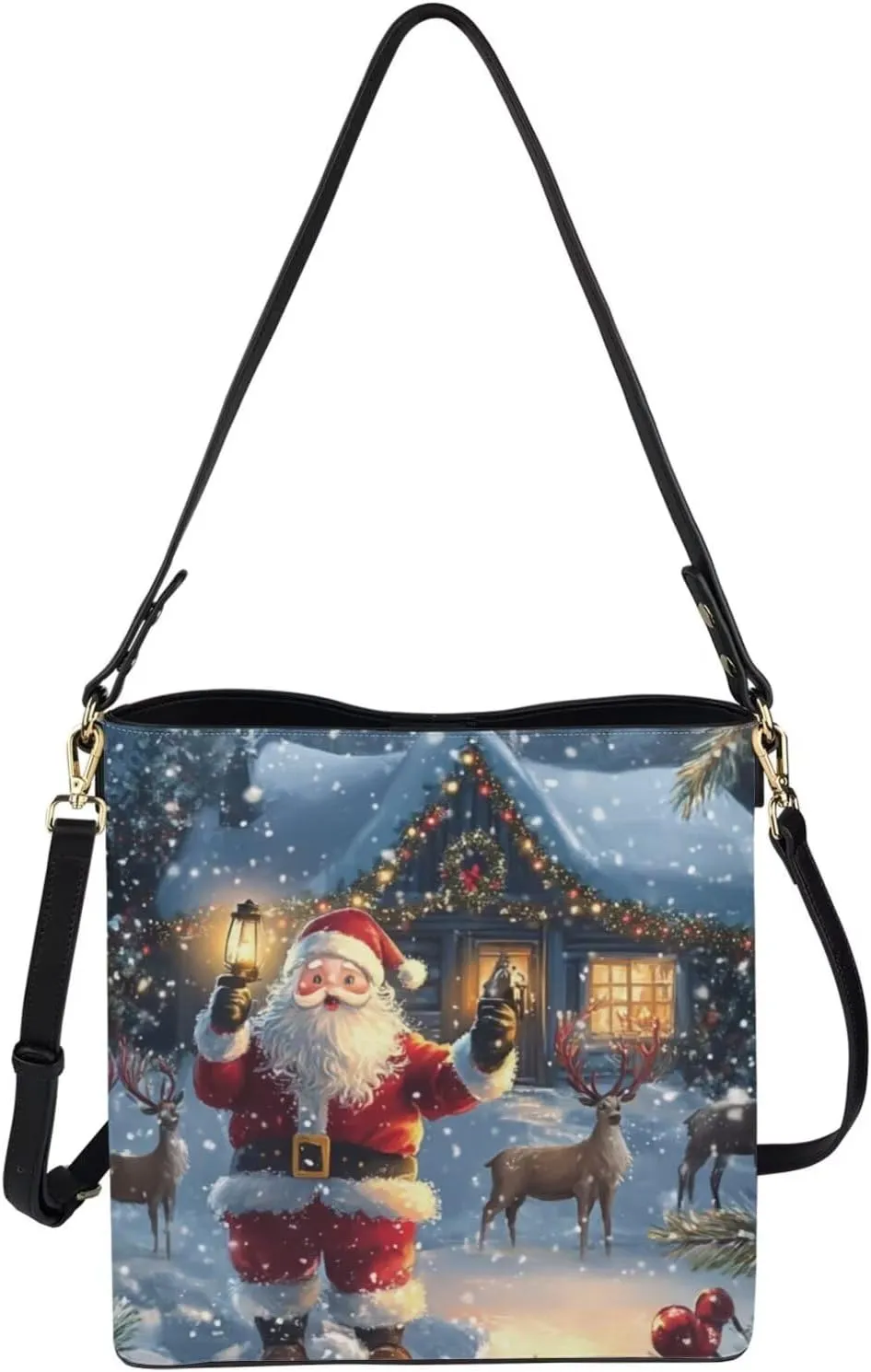 Christmas Bucket Handbag for Womens Leather Shoulder Purse with Zipper Pocket and Adjustable Strap