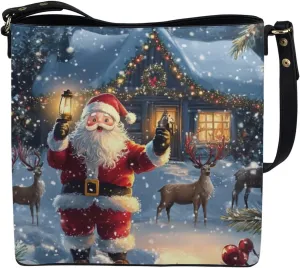 Christmas Bucket Handbag for Womens Leather Shoulder Purse with Zipper Pocket and Adjustable Strap