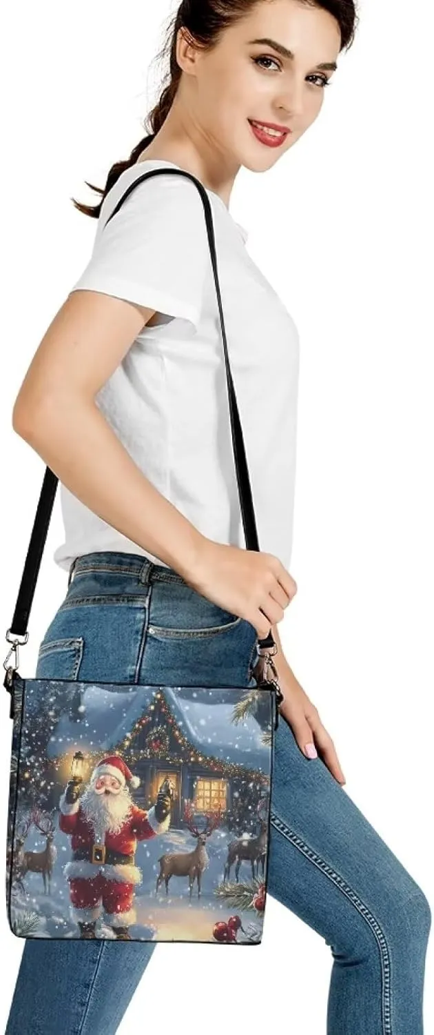 Christmas Bucket Handbag for Womens Leather Shoulder Purse with Zipper Pocket and Adjustable Strap