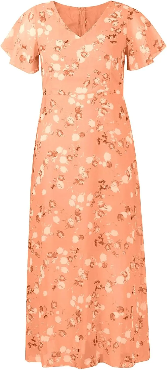 Church Dresses for Women 2025 Summer Short Sleeve Chiffon Floral Modest Dress Retro Boho Wedding Guest Dress