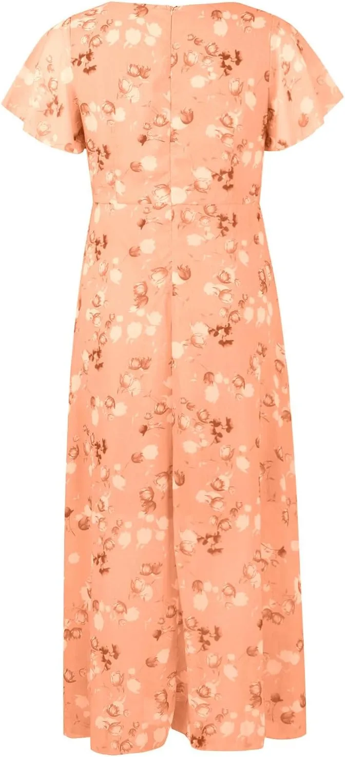 Church Dresses for Women 2025 Summer Short Sleeve Chiffon Floral Modest Dress Retro Boho Wedding Guest Dress