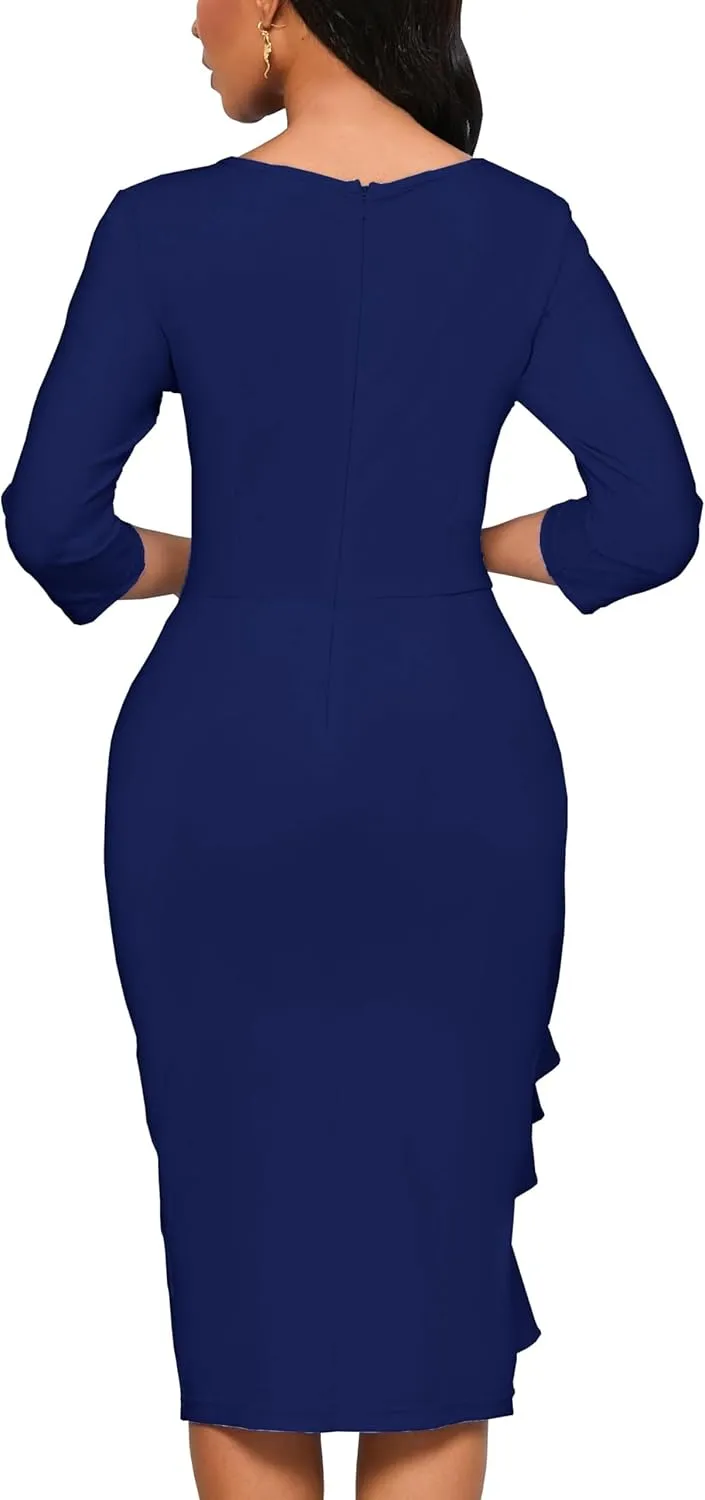 Church Dresses for Women 3/4 Sleeve Bodycon Ruffle Vintage Wear to Work Pencil Midi Dress
