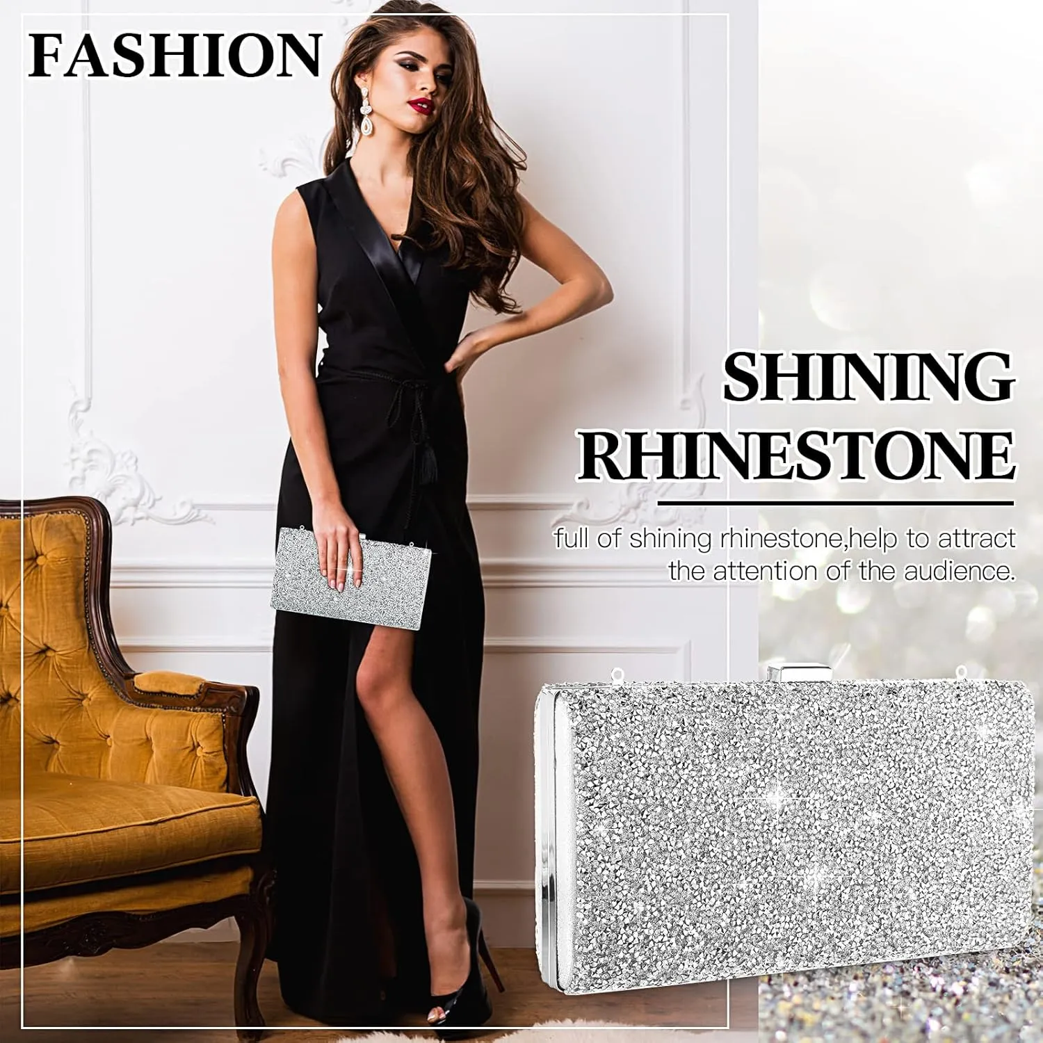 Clutch Purse Evening Bag Women Rhinestone Glitter Handbag Double Sided with Chain Crossbody Purse Shoulder for Wedding Party