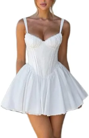 College Graduation Dresses for Women Y2k Corset Backless Party Club Mini Dress Teens Flowy Ruffle Sexy Short Dress