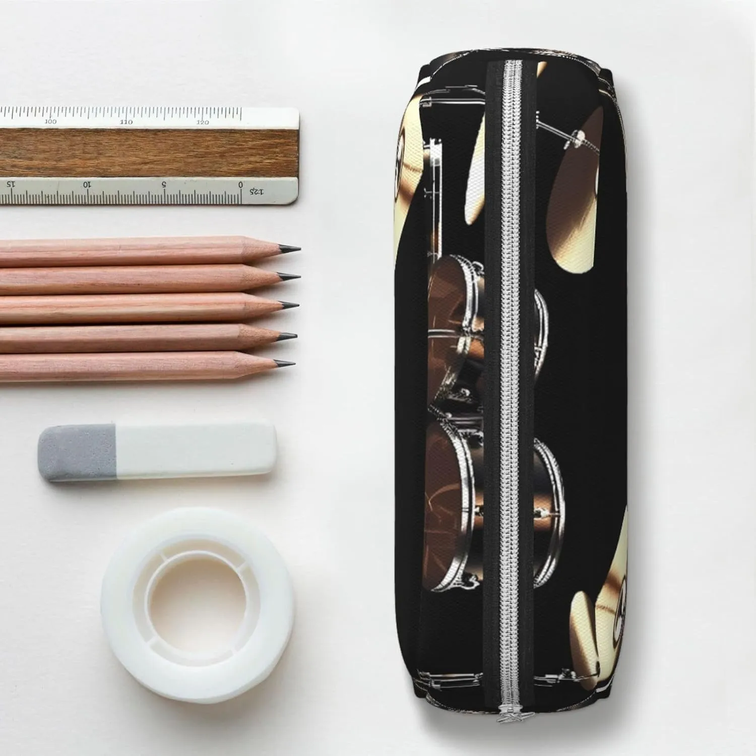 Cool Drum Set Makeup Bag Travel Toiletry Bag Big Pencil Bag for Women Men Leather Zipper Coin Pouch Purse