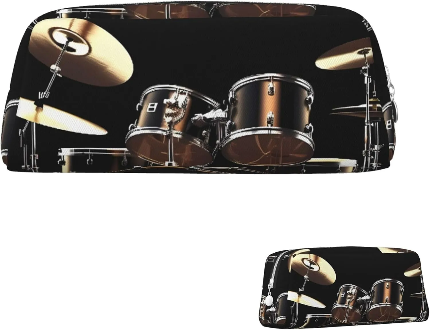 Cool Drum Set Makeup Bag Travel Toiletry Bag Big Pencil Bag for Women Men Leather Zipper Coin Pouch Purse