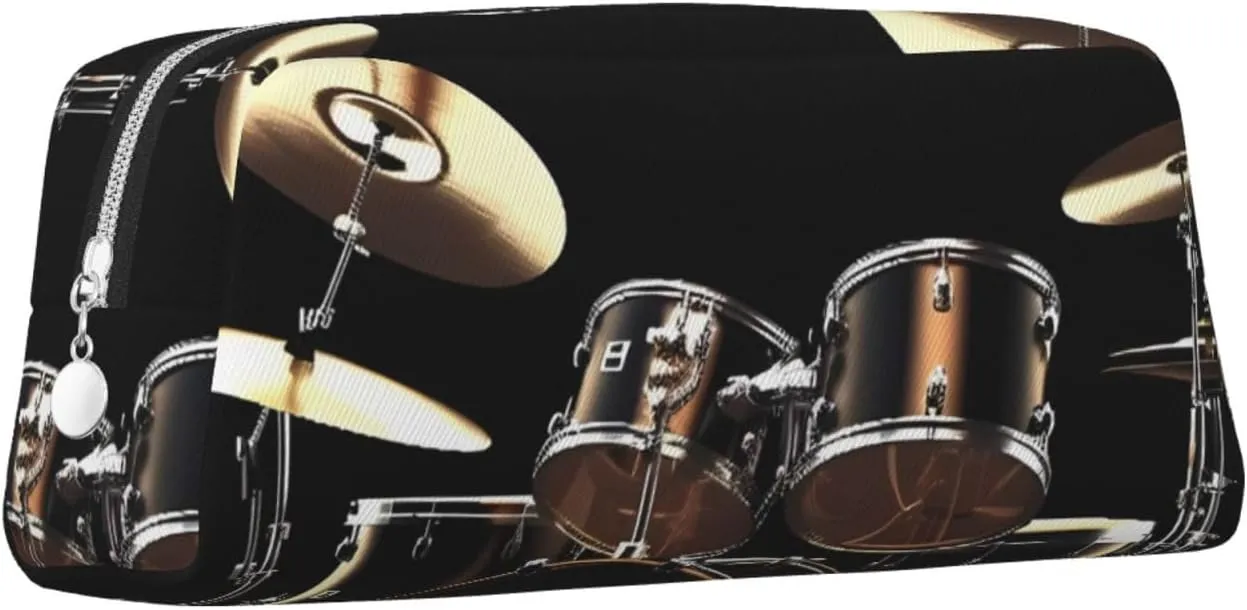 Cool Drum Set Makeup Bag Travel Toiletry Bag Big Pencil Bag for Women Men Leather Zipper Coin Pouch Purse