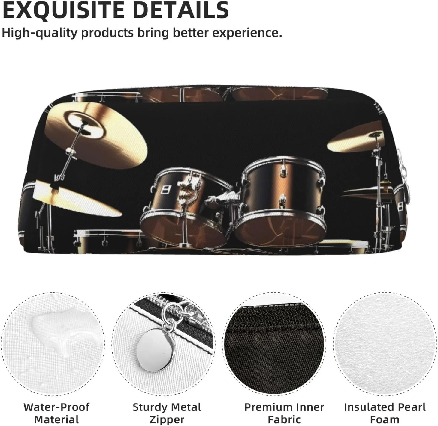 Cool Drum Set Makeup Bag Travel Toiletry Bag Big Pencil Bag for Women Men Leather Zipper Coin Pouch Purse