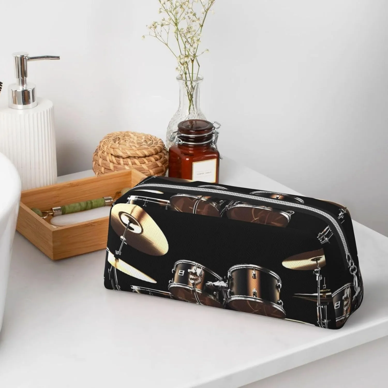 Cool Drum Set Makeup Bag Travel Toiletry Bag Big Pencil Bag for Women Men Leather Zipper Coin Pouch Purse