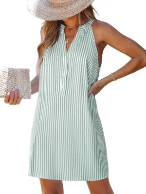 CUPSHE Womens Summer Dresses V Neck Sleeveless Striped Button Up Mini Casual Coverup Dress