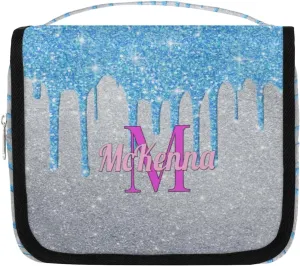 Custom Name Toiletry Bag Travel Bag with Hanging Hook, Makeup Cosmetic Bag Travel Full Sized Container Organizer for Shampoo, Toiletries, Water Blue Glittering Silver Glitter