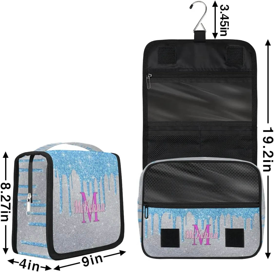 Custom Name Toiletry Bag Travel Bag with Hanging Hook, Makeup Cosmetic Bag Travel Full Sized Container Organizer for Shampoo, Toiletries, Water Blue Glittering Silver Glitter