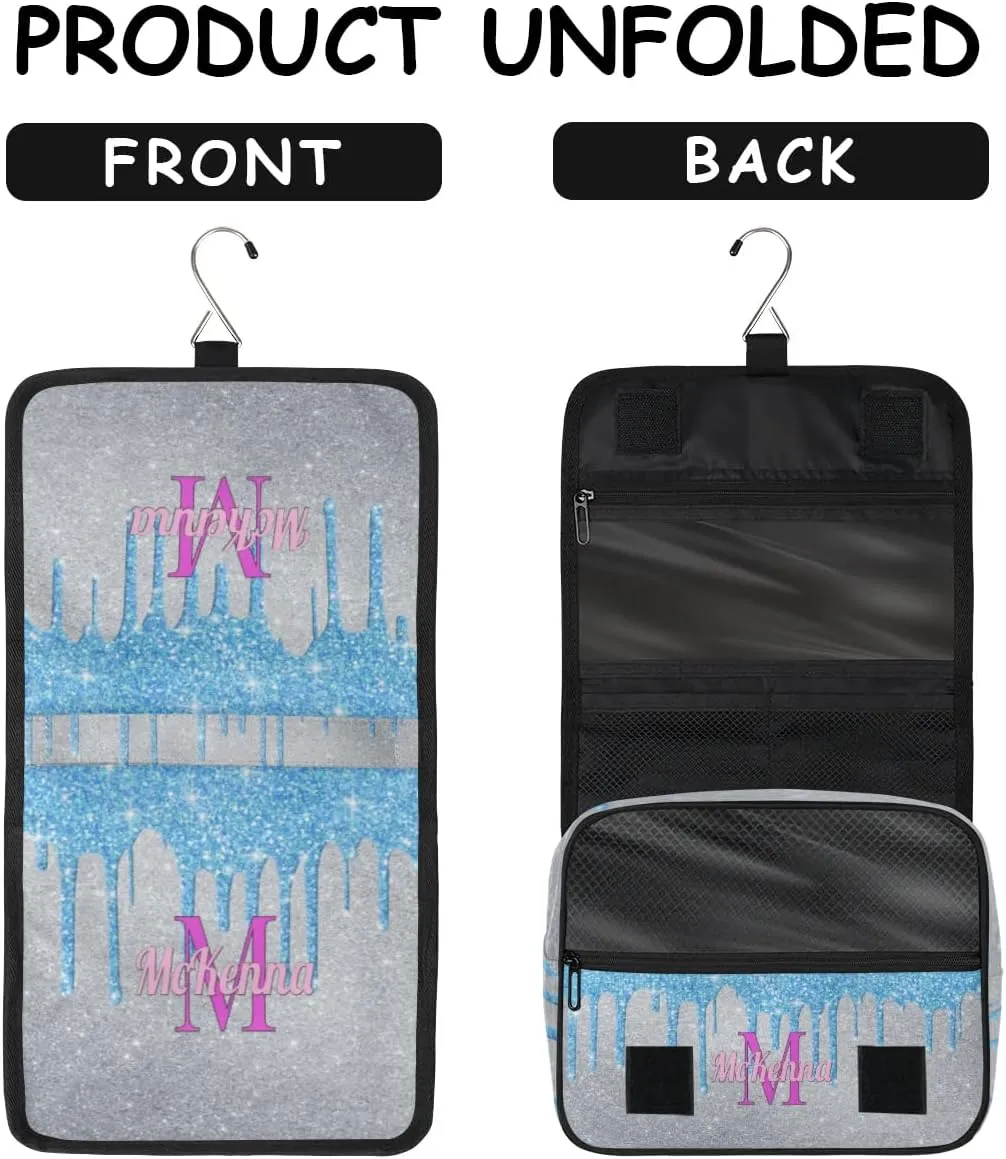 Custom Name Toiletry Bag Travel Bag with Hanging Hook, Makeup Cosmetic Bag Travel Full Sized Container Organizer for Shampoo, Toiletries, Water Blue Glittering Silver Glitter