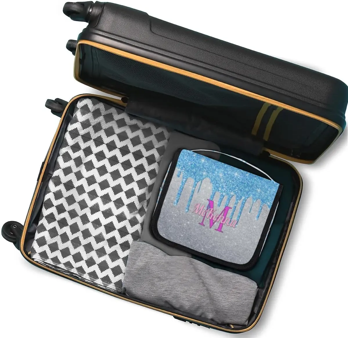 Custom Name Toiletry Bag Travel Bag with Hanging Hook, Makeup Cosmetic Bag Travel Full Sized Container Organizer for Shampoo, Toiletries, Water Blue Glittering Silver Glitter