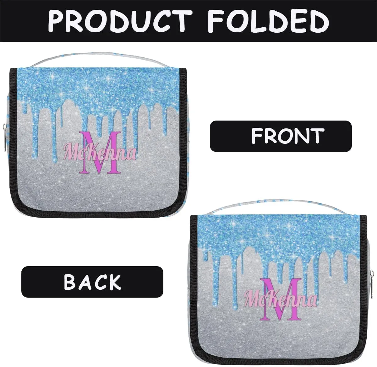 Custom Name Toiletry Bag Travel Bag with Hanging Hook, Makeup Cosmetic Bag Travel Full Sized Container Organizer for Shampoo, Toiletries, Water Blue Glittering Silver Glitter