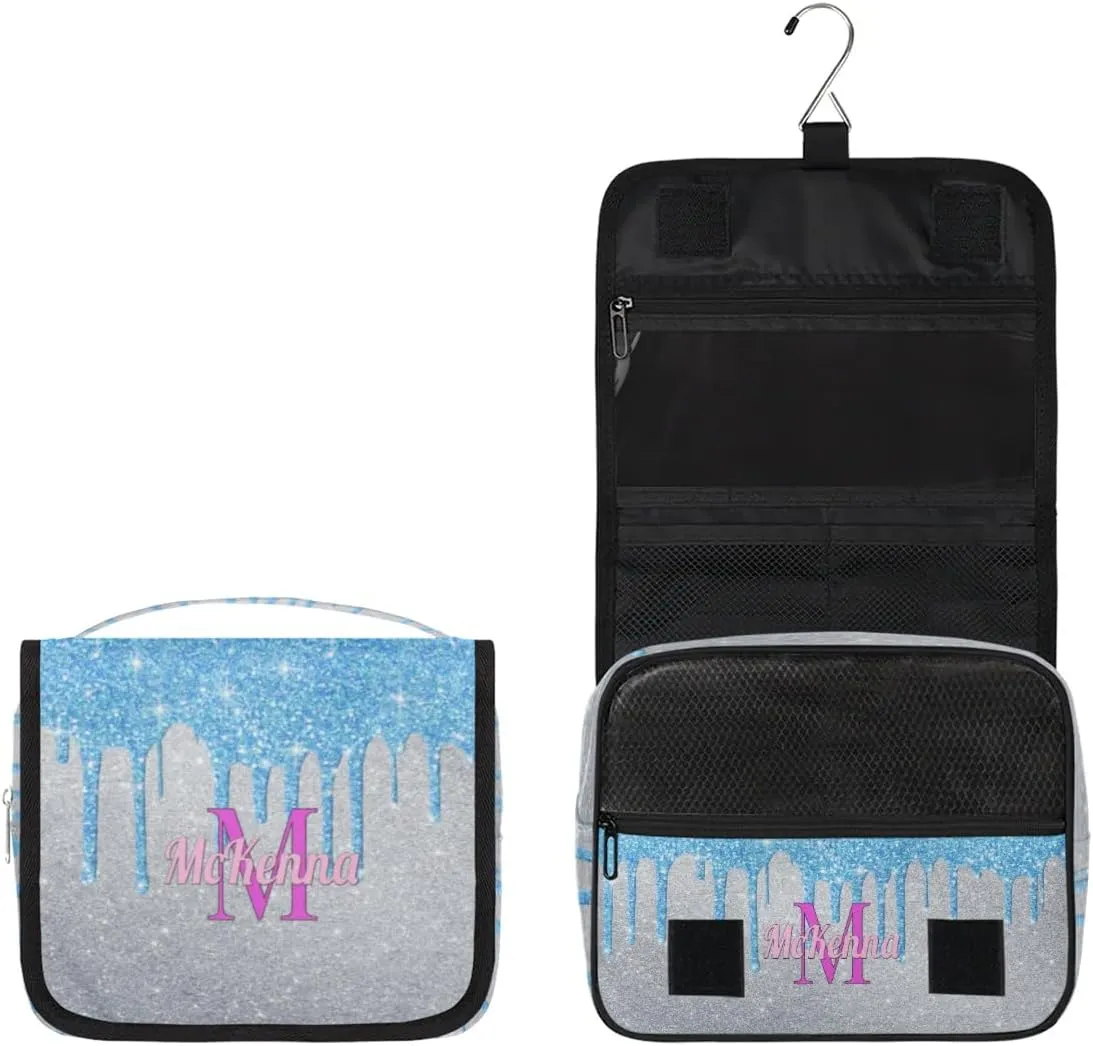 Custom Name Toiletry Bag Travel Bag with Hanging Hook, Makeup Cosmetic Bag Travel Full Sized Container Organizer for Shampoo, Toiletries, Water Blue Glittering Silver Glitter