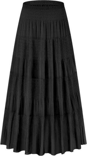 CYiNu Women's Chiffon Elastic High Waist Tiered Pleated Floral Printed A-Line Boho Long Maxi Skirts