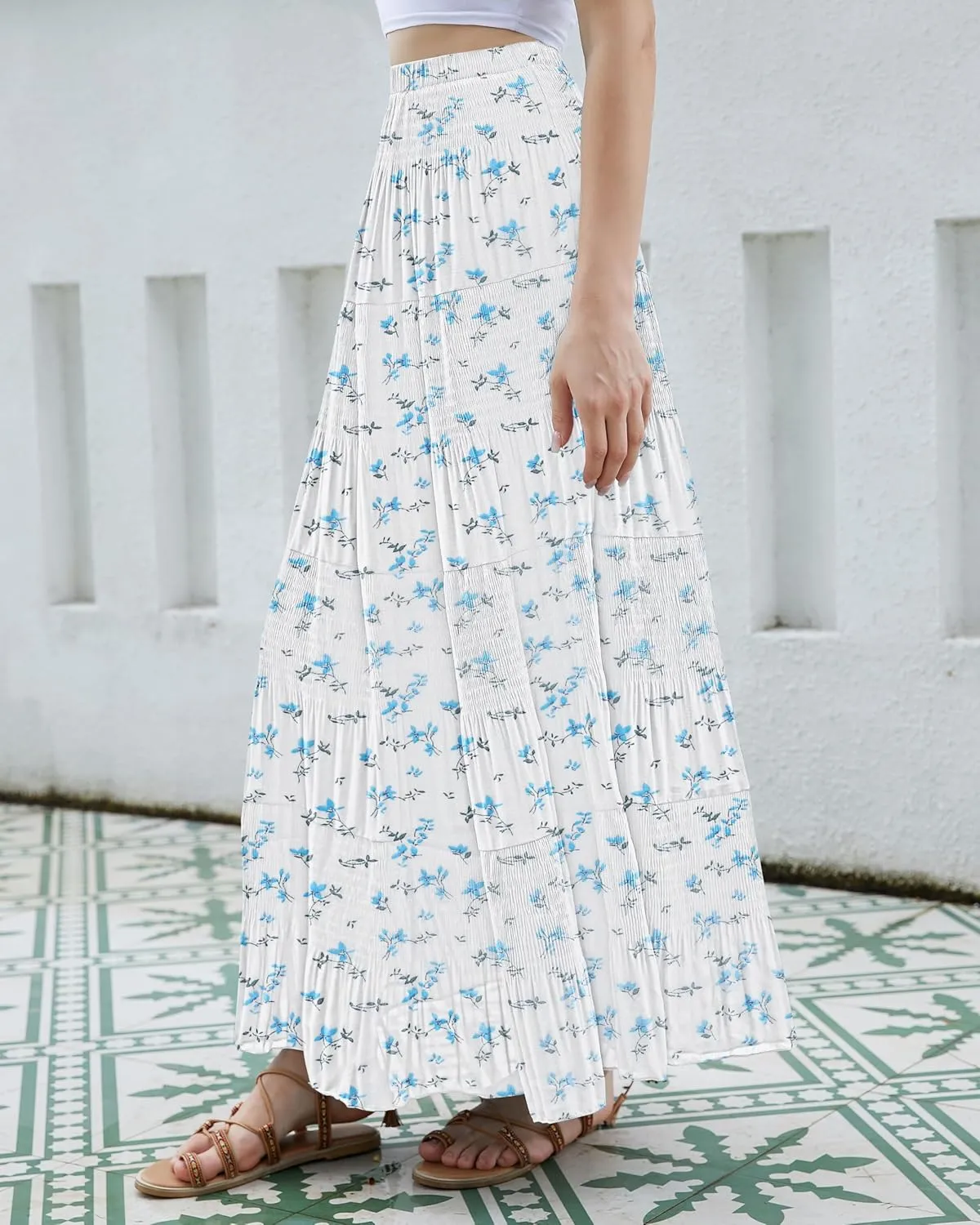 CYiNu Women's Chiffon Elastic High Waist Tiered Pleated Floral Printed A-Line Boho Long Maxi Skirts