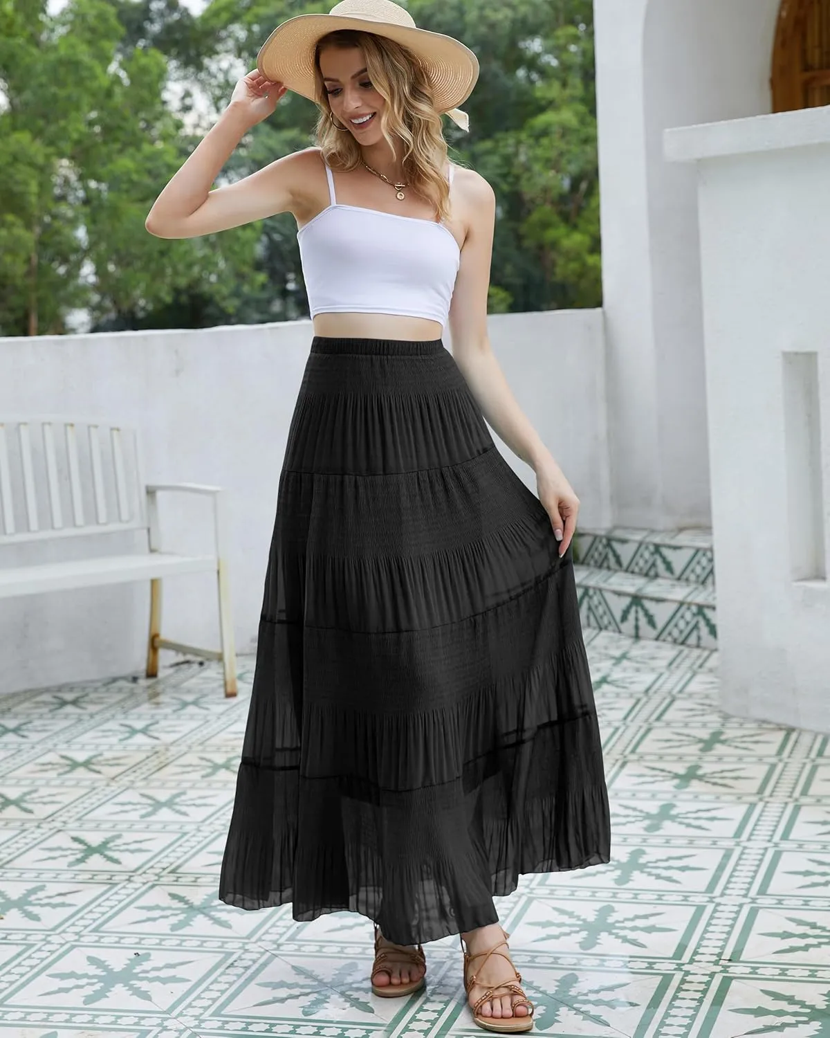 CYiNu Women's Chiffon Elastic High Waist Tiered Pleated Floral Printed A-Line Boho Long Maxi Skirts